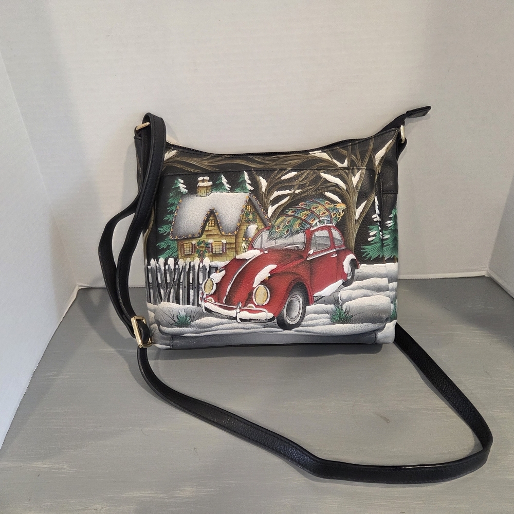 Anuschka Hand-Painted Leather Crossbody Peacock Winter Tree Design Colorful Art - Picture 2 of 13